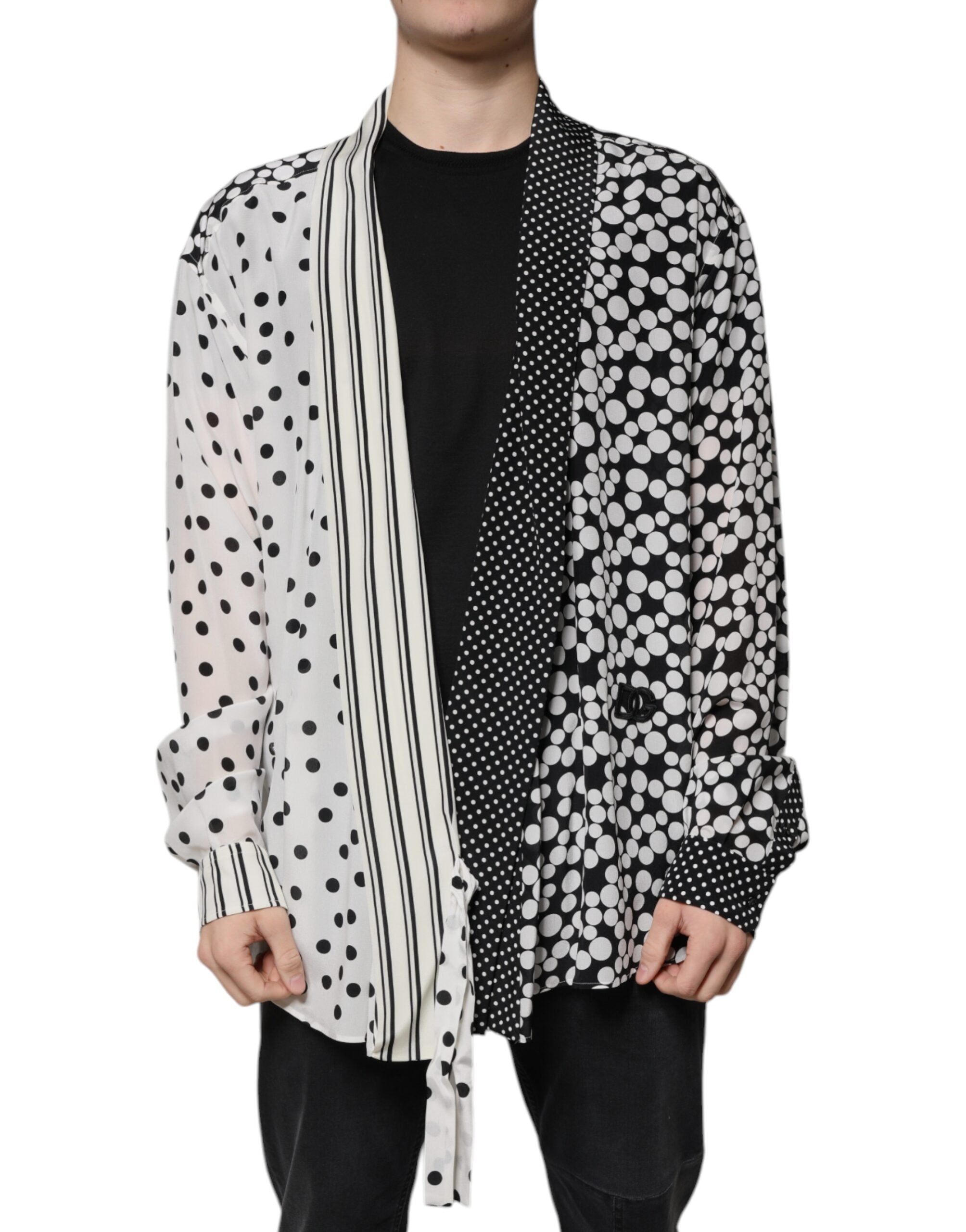 Dolce & Gabbana Black White Polka Dots Silk Men's Casual Shirt
